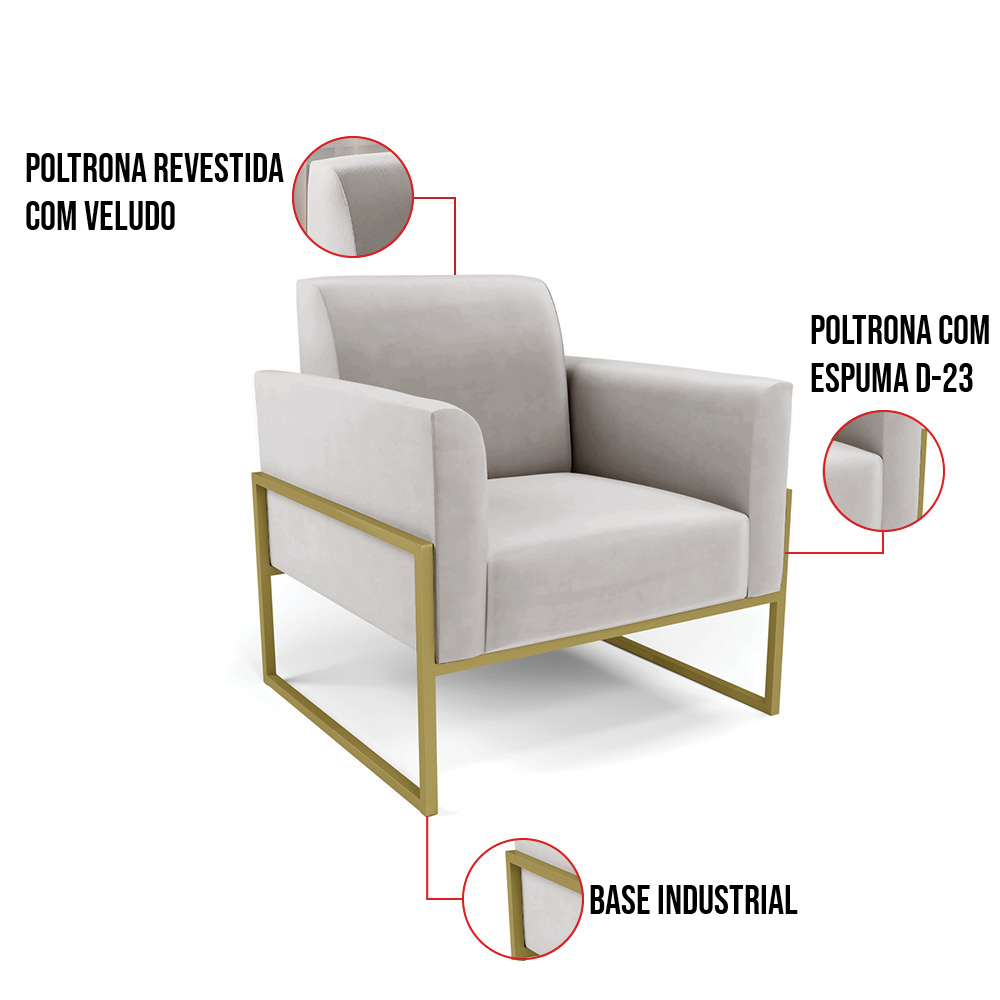 Kit 2 Poltronas Base Industrial Alta Dourado Marisa Veludo Cinza D03 - D'Rossi