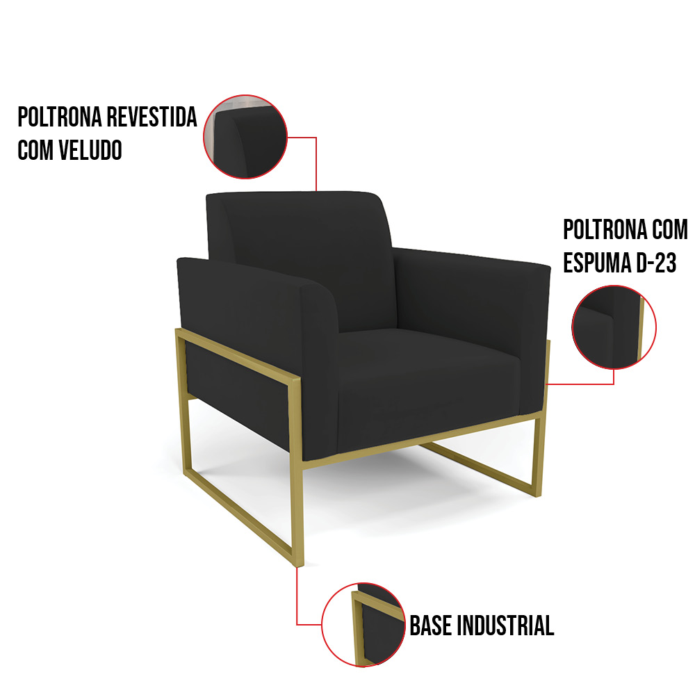 Kit 2 Poltronas Base Industrial Alta Dourado Marisa Veludo Preto D03 - D'Rossi