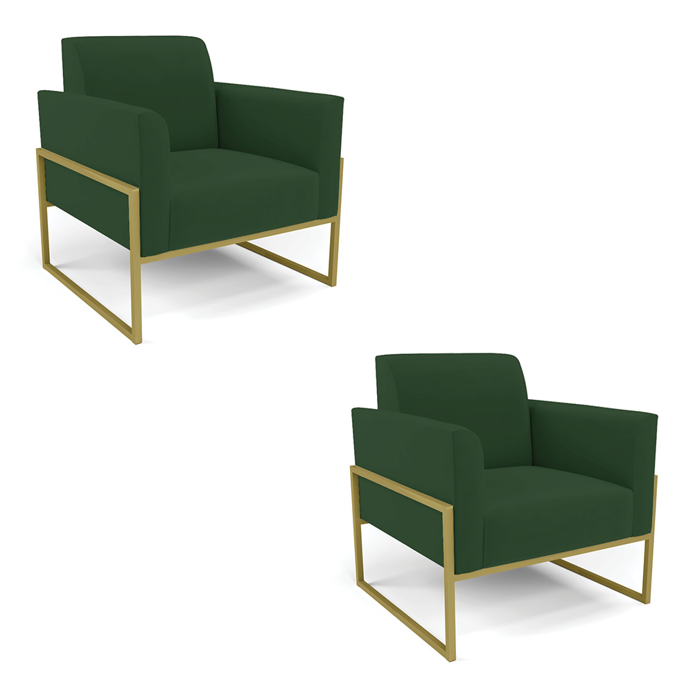 Kit 2 Poltronas Base Industrial Alta Dourado Marisa Veludo Verde D03 - D'Rossi