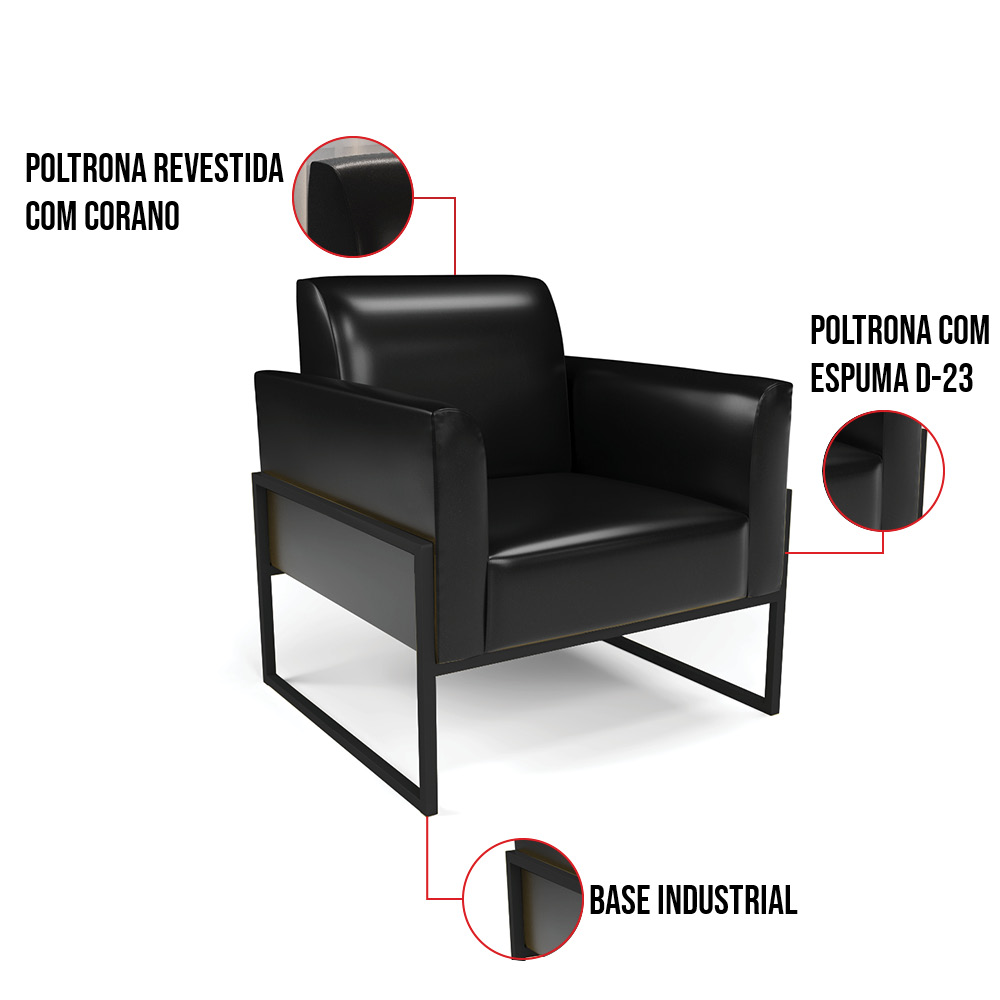 Kit 2 Poltronas Base Industrial Alta Preto Marisa Corano Preto D03 - D'Rossi