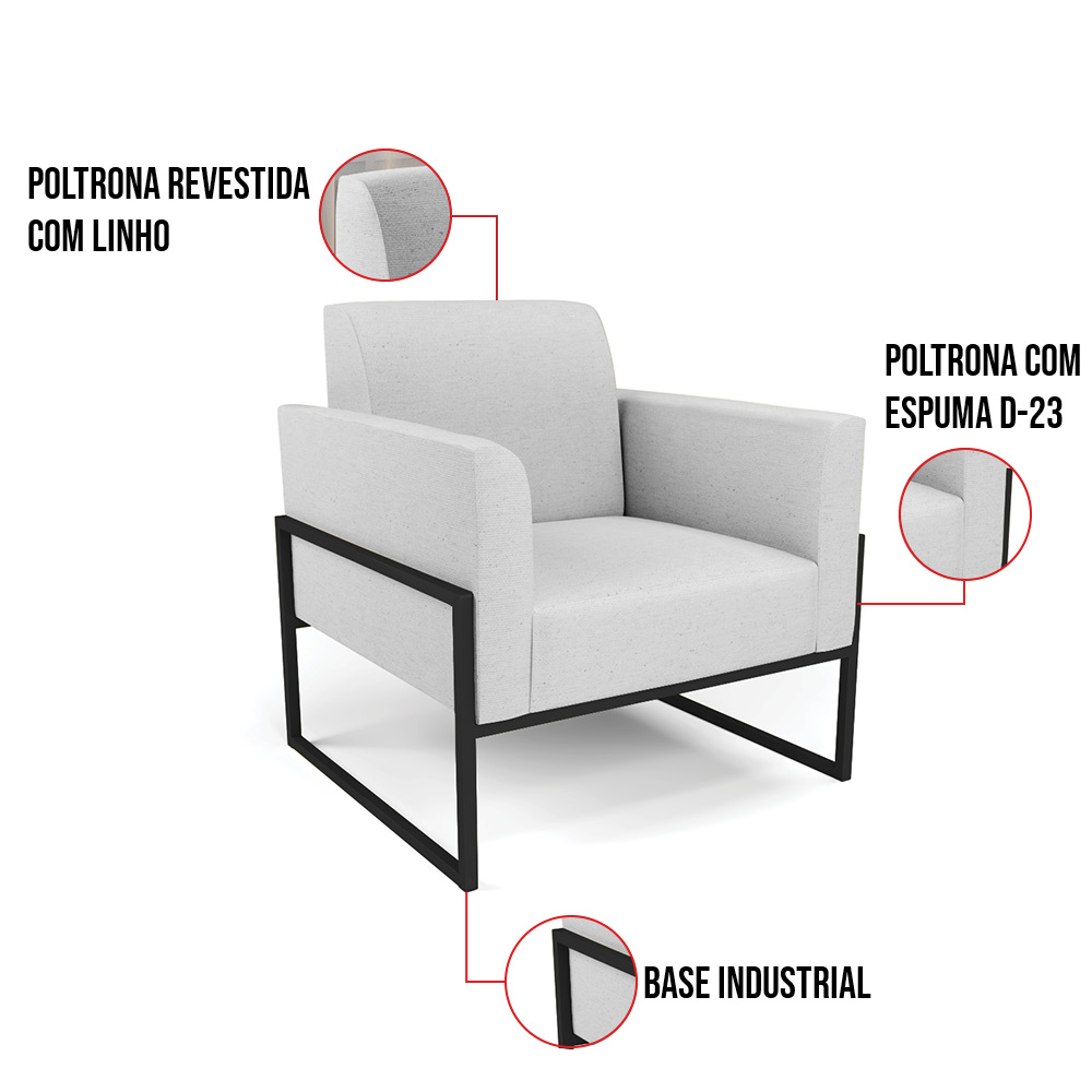 Kit 2 Poltronas Base Industrial Alta Preto Marisa Linho Cinza A05 D03 - D'Rossi