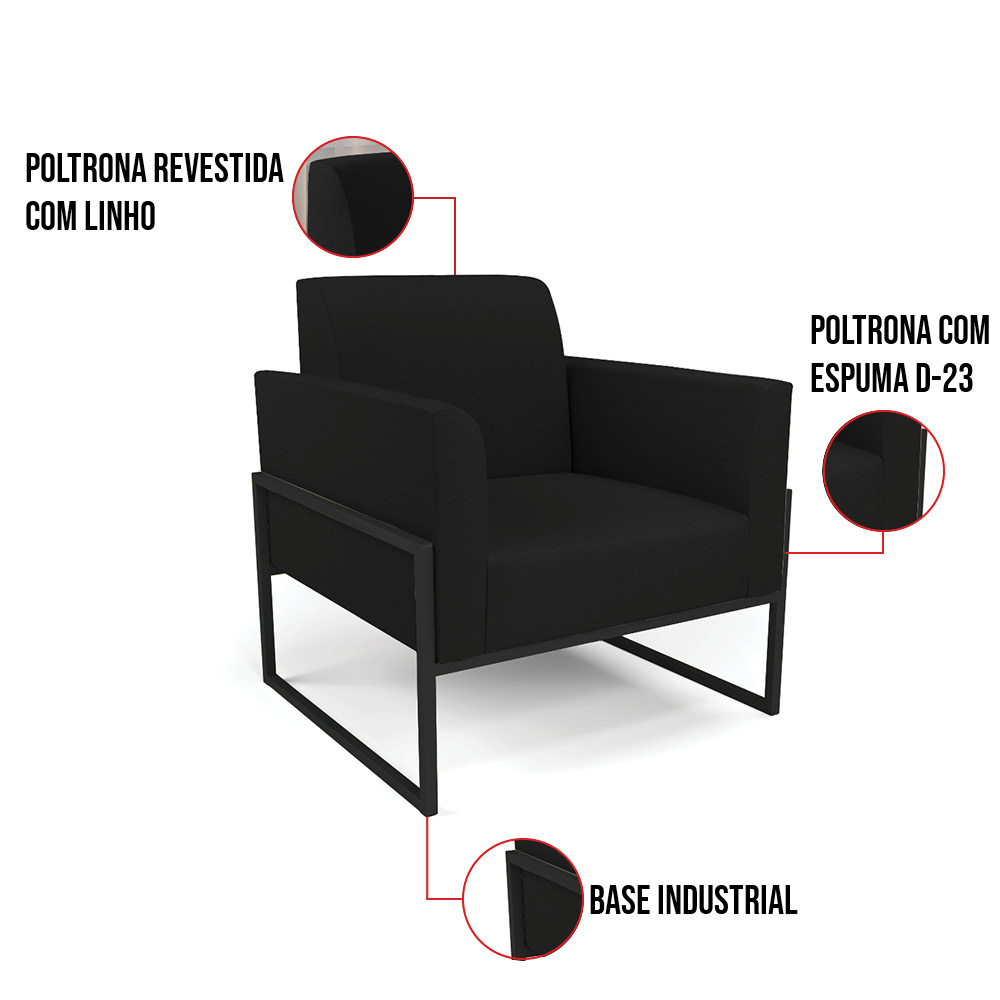 Kit 2 Poltronas Base Industrial Alta Preto Marisa Linho Preto A79 D03 - D'Rossi