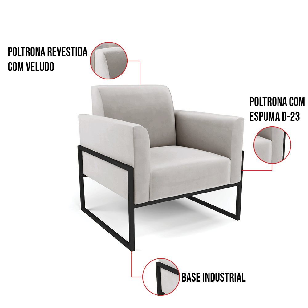 Kit 2 Poltronas Base Industrial Alta Preto Marisa Veludo Cinza D03 - D'Rossi