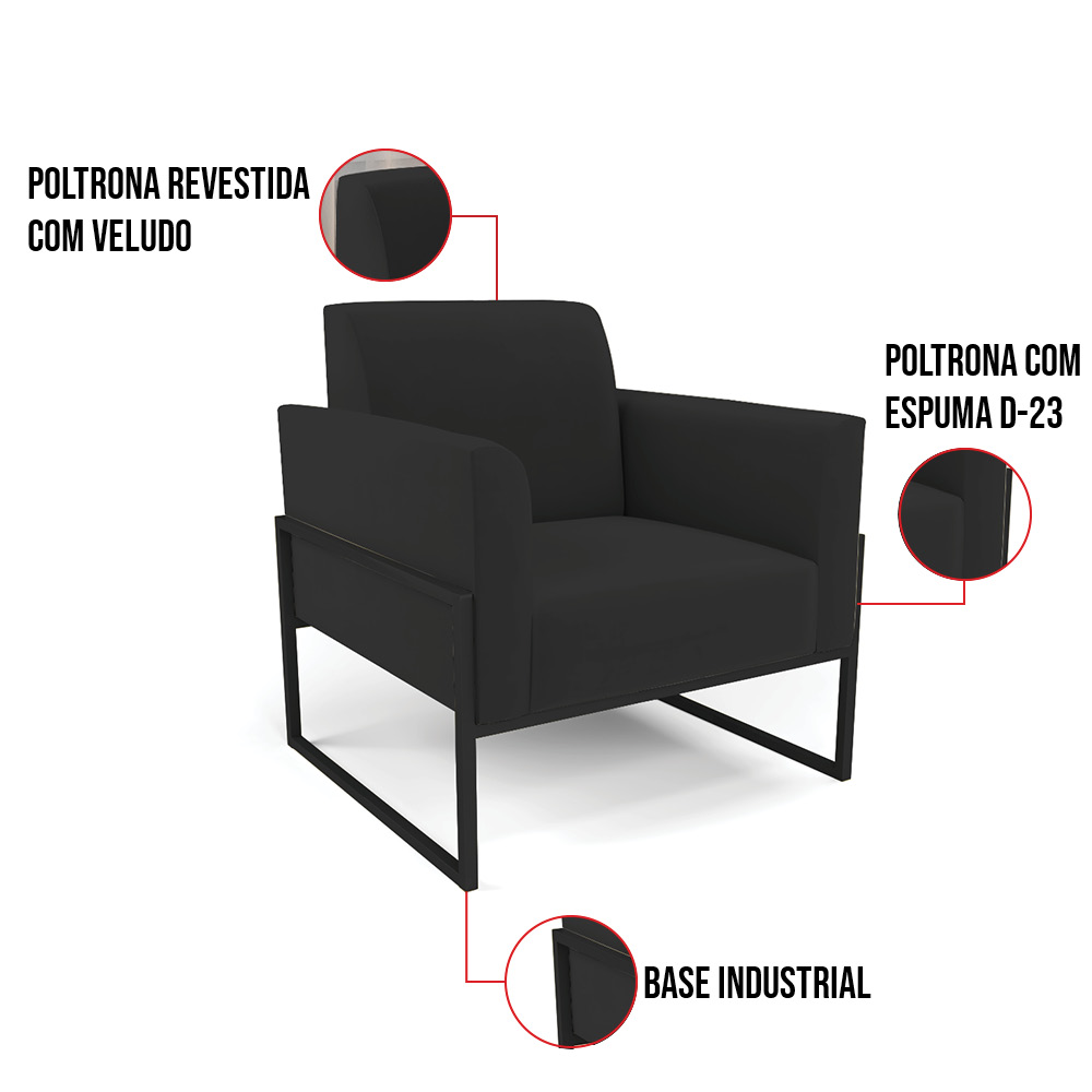 Kit 2 Poltronas Base Industrial Alta Preto Marisa Veludo Preto D03 - D'Rossi