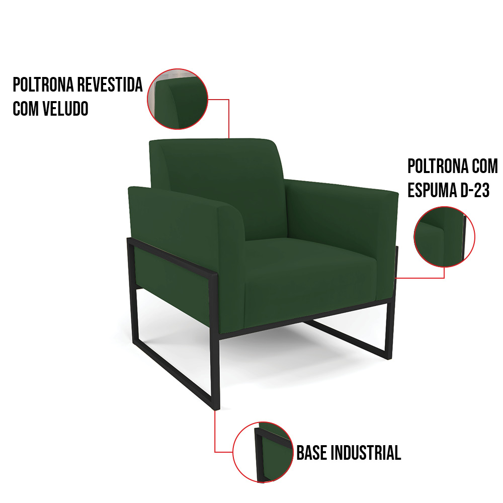 Kit 2 Poltronas Base Industrial Alta Preto Marisa Veludo Verde D03 - D'Rossi