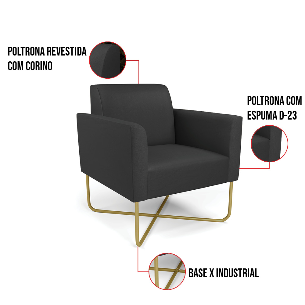 Kit 2 Poltronas Base X Industrial Dourado Marisa Corino Preto  D03 - D'Rossi