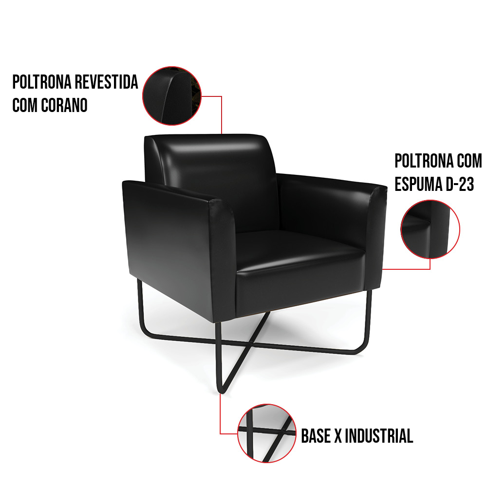 Kit 2 Poltronas Base X Industrial Preto Marisa Corano Preto D03 - D'Rossi