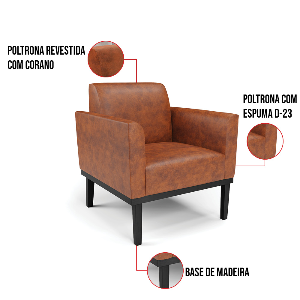 Kit 2 Poltronas Base de Madeira Fixa Preto Marisa Corano Nozes D03 - D'Rossi