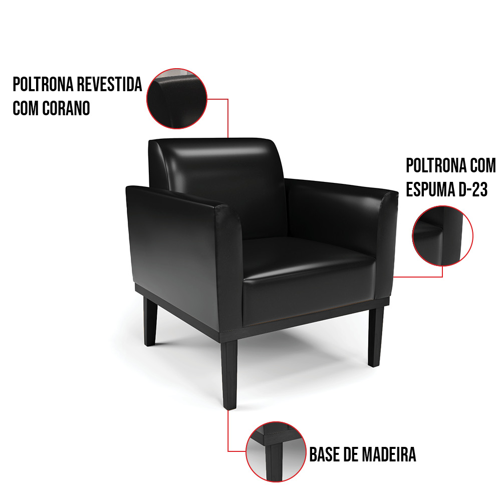 Kit 2 Poltronas Base de Madeira Fixa Preto Marisa Corano Preto D03 - D'Rossi