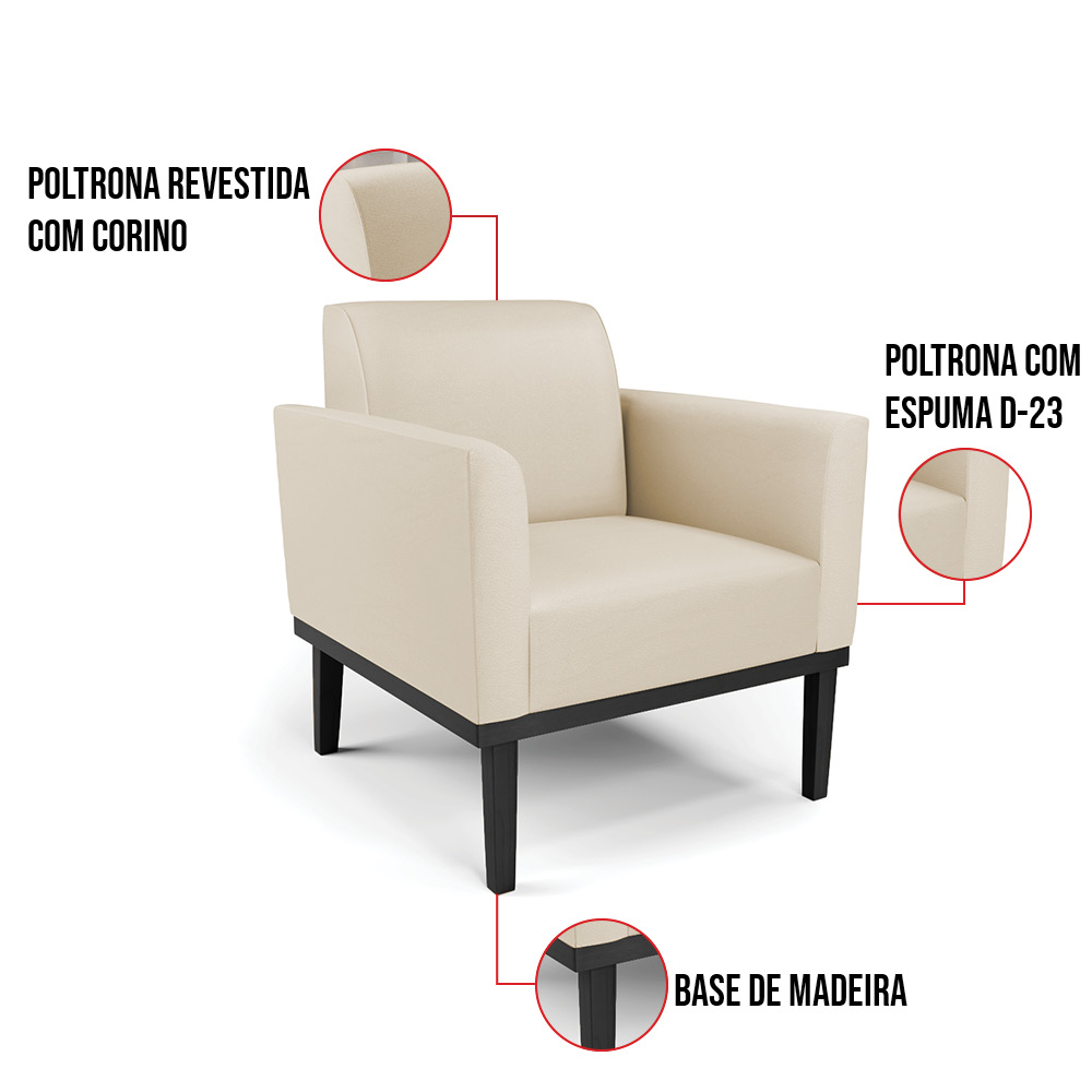Kit 2 Poltronas Base de Madeira Fixa Preto Marisa Corino Bege D03 - D'Rossi