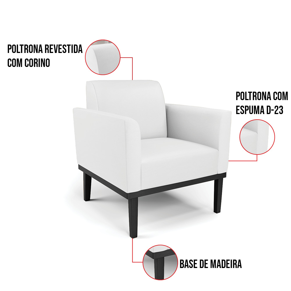 Kit 2 Poltronas Base de Madeira Fixa Preto Marisa Corino Branco D03 - D'Rossi