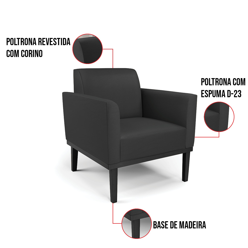 Kit 2 Poltronas Base de Madeira Fixa Preto Marisa Corino Preto D03 - D'Rossi