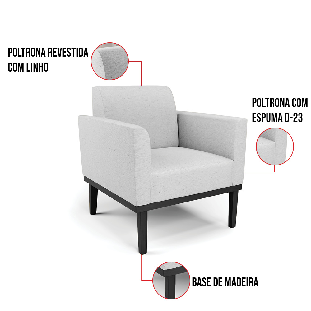 Kit 2 Poltronas Base de Madeira Fixa Preto Marisa Linho Cinza A05  D03 - D'Rossi