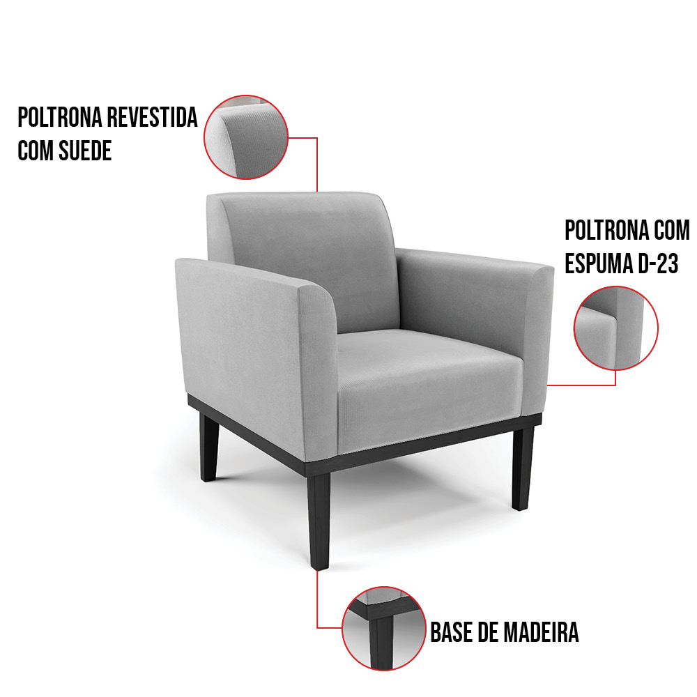 Kit 2 Poltronas Base de Madeira Fixa Preto Marisa Suede Cinza  D03 - D'Rossi