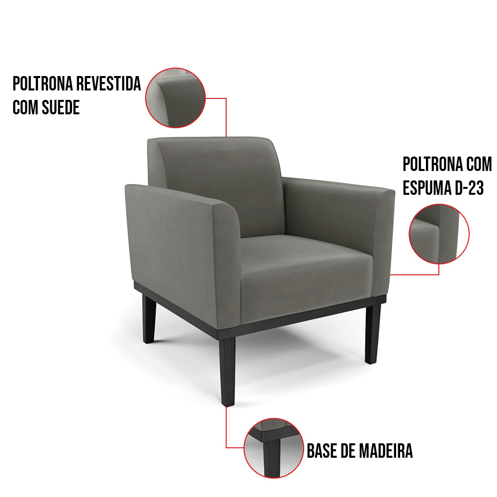 Kit 2 Poltronas Base de Madeira Fixa Preto Marisa Suede Grafite  D03 - D'Rossi