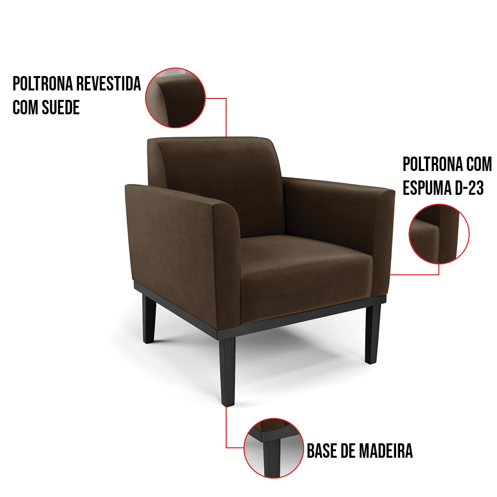 Kit 2 Poltronas Base de Madeira Fixa Preto Marisa Suede Marrom  D03 - D'Rossi