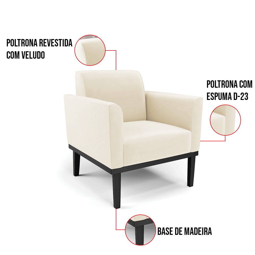 Kit 2 Poltronas Base de Madeira Fixa Preto Marisa Veludo Bege D03 - D'Rossi