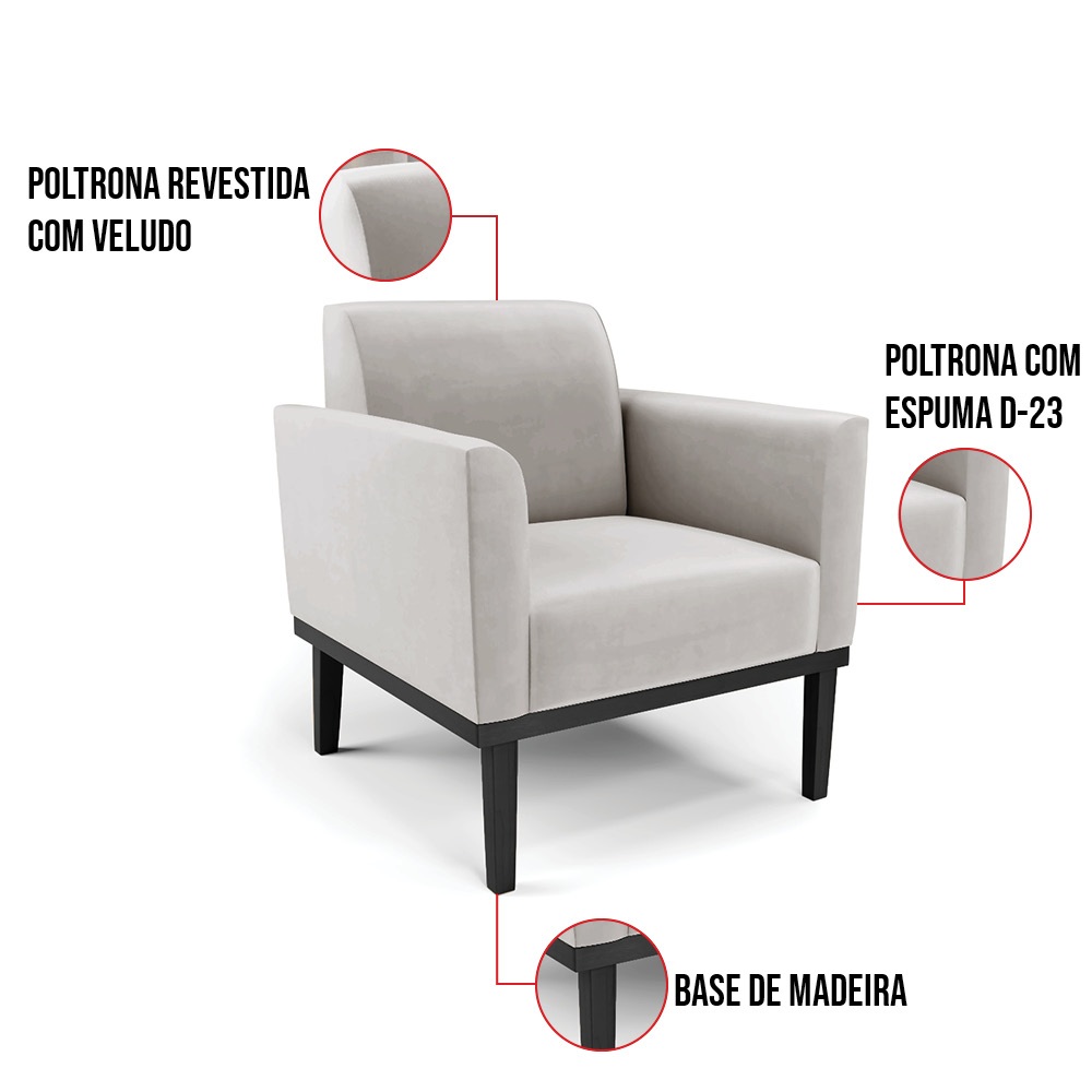 Kit 2 Poltronas Base de Madeira Fixa Preto Marisa Veludo Cinza D03 - D'Rossi