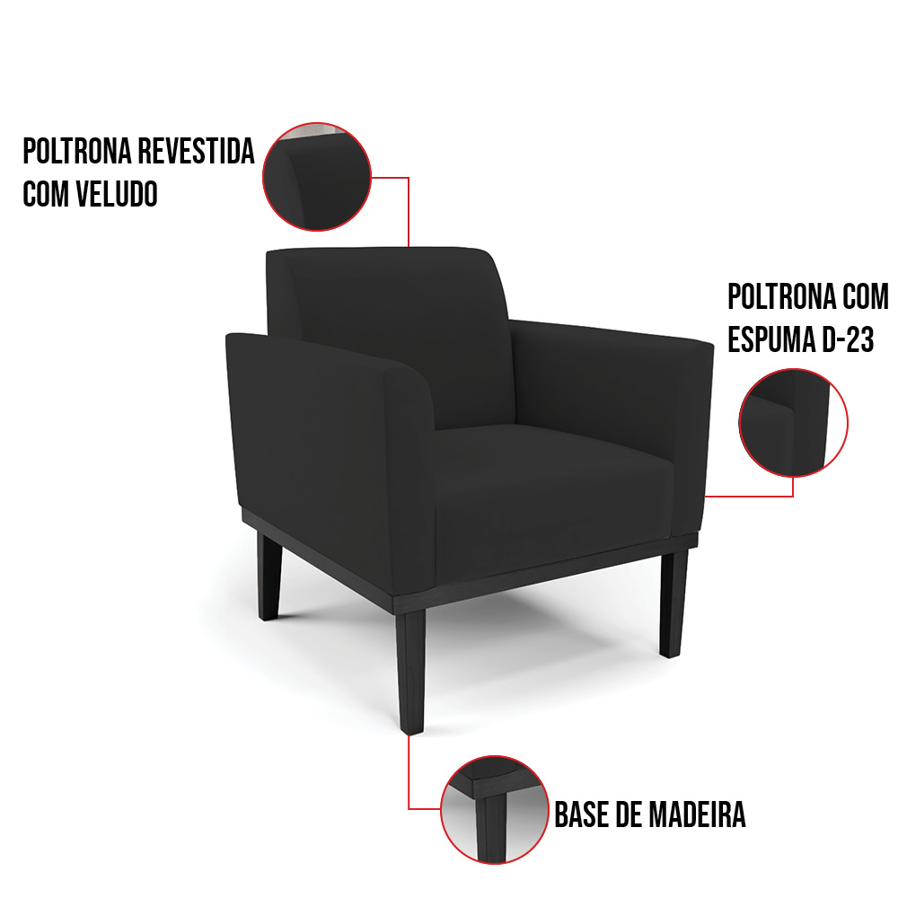 Kit 2 Poltronas Base de Madeira Fixa Preto Marisa Veludo Preto D03 - D'Rossi