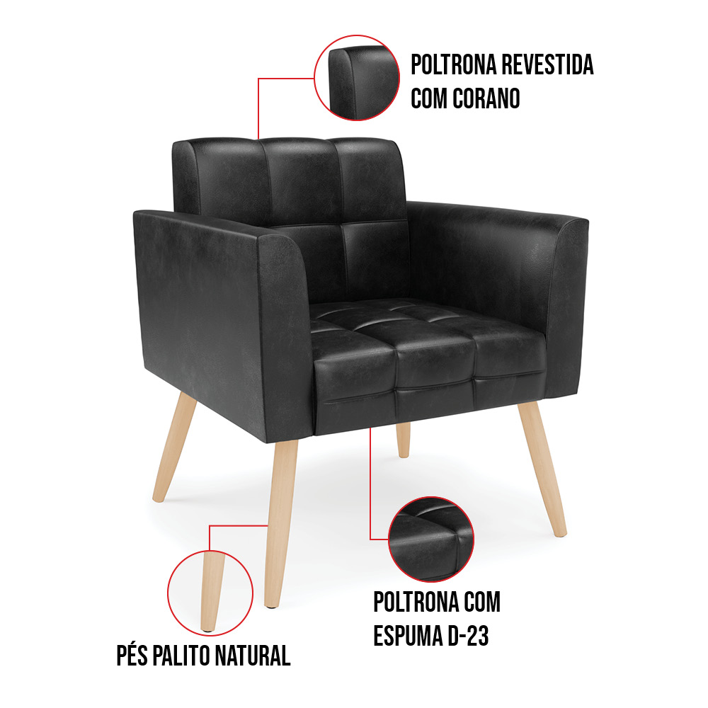 Kit 2 Poltronas Elisa Corano Preto Pés Palito Natural - D'Rossi