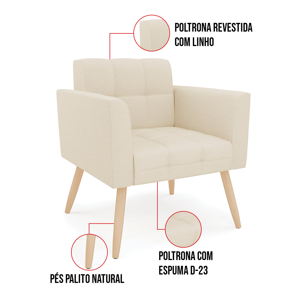 Kit 2 Poltronas Elisa Linho Bege A19 Pés Palito Natural - D'Rossi