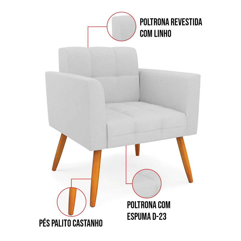 Kit 2 Poltronas Elisa Linho Cinza A05 Pés Palito Castanho - D'Rossi