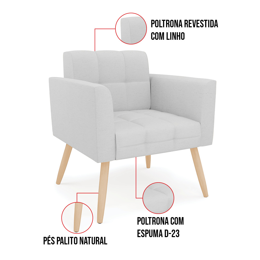 Kit 2 Poltronas Elisa Linho Cinza A05 Pés Palito Natural - D'Rossi