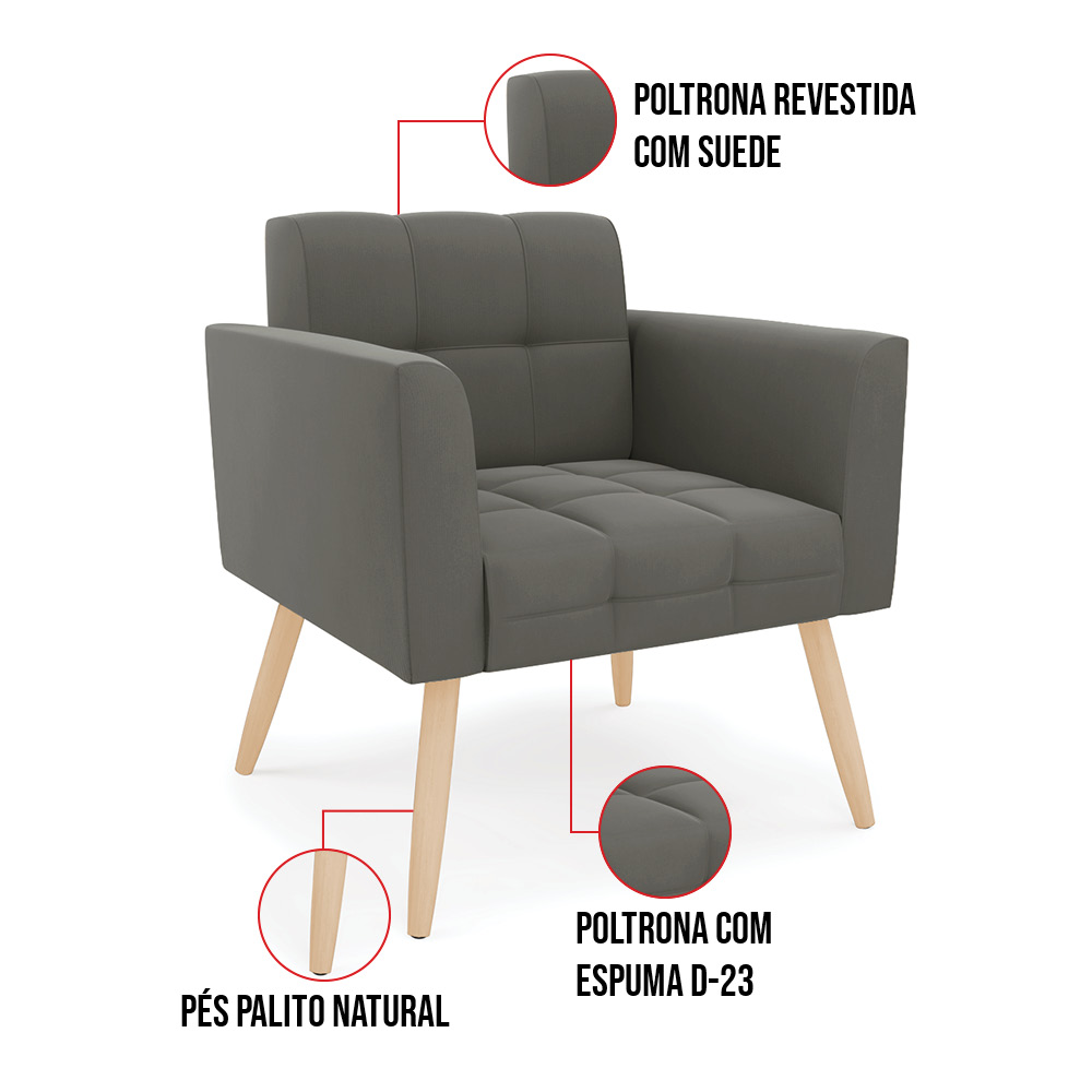 Kit 2 Poltronas Elisa Suede Grafite Pés Palito Natural - D'Rossi