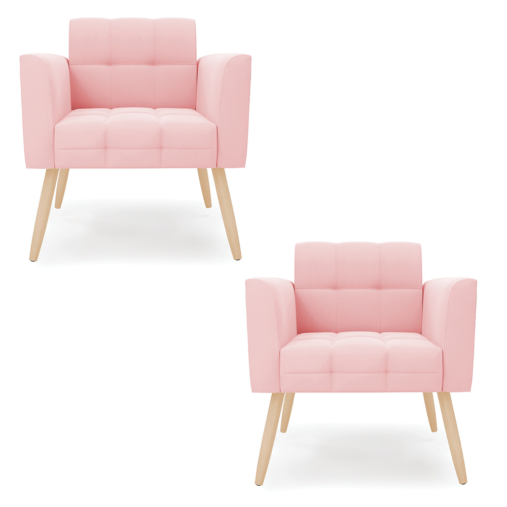 Kit 2 Poltronas Elisa Suede Rosa Bebê Pés Palito Natural - D'Rossi