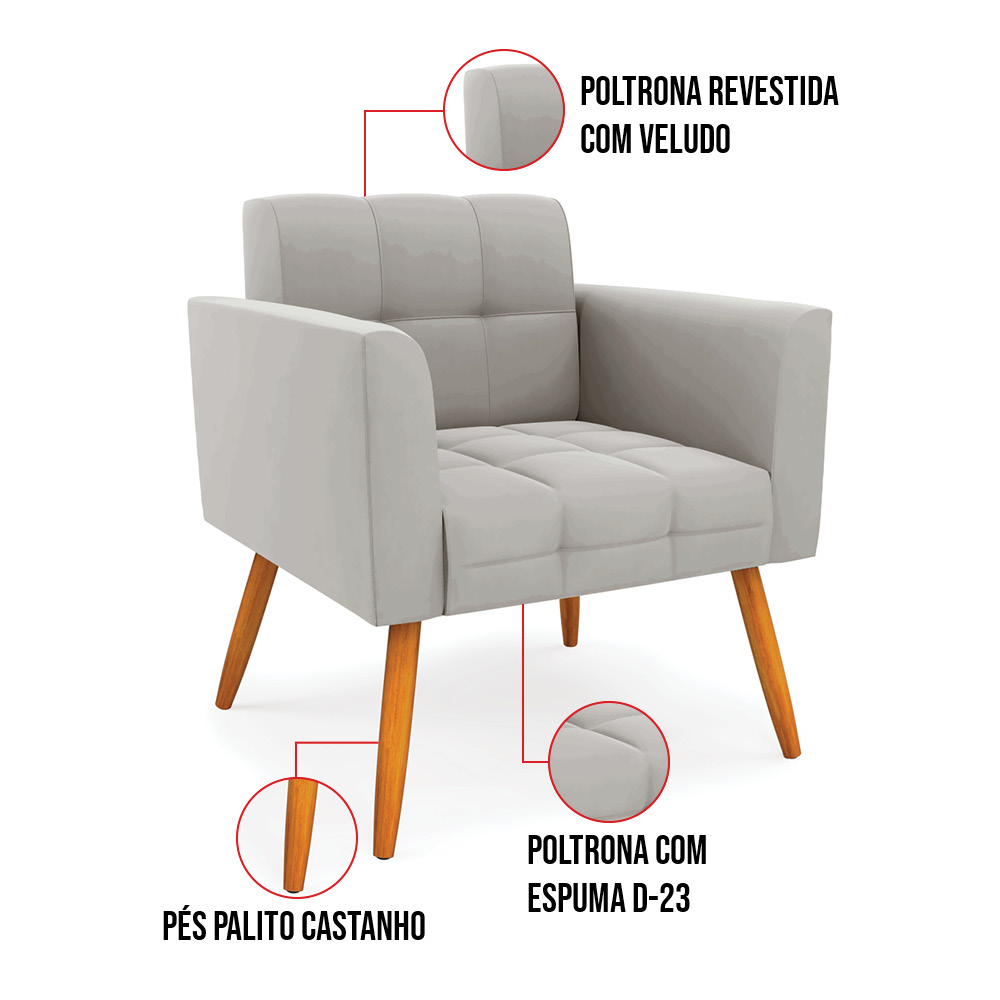 Kit 2 Poltronas Elisa Veludo Cinza Pés Palito Castanho - D'Rossi