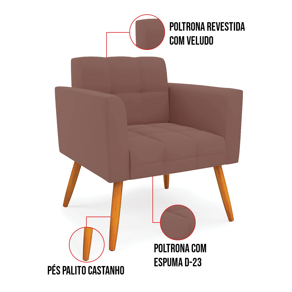 Kit 2 Poltronas Elisa Veludo Rosê Pés Palito Castanho - D'Rossi