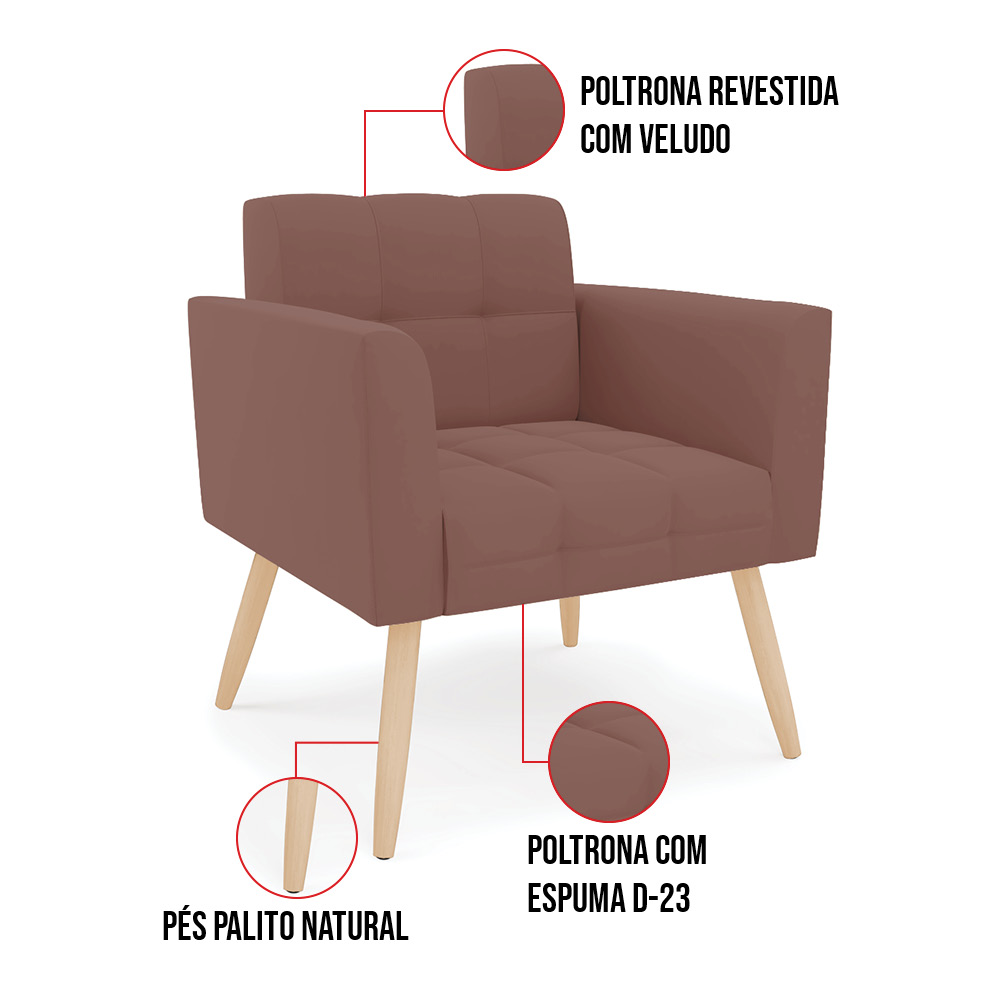 Kit 2 Poltronas Elisa Veludo Rosê Pés Palito Natural - D'Rossi