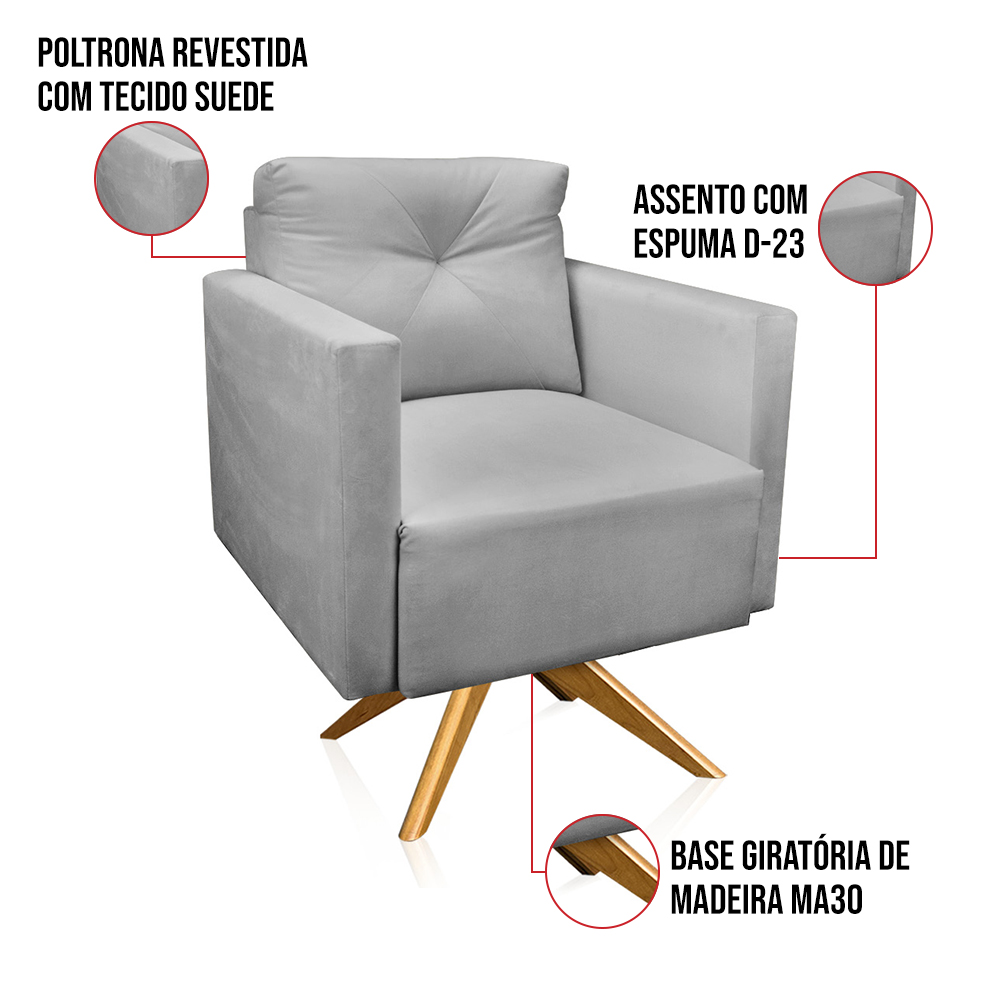 Kit 2 Poltronas Giratória Luisa Suede Cinza Base de Madeira MA30 - D'Rossi