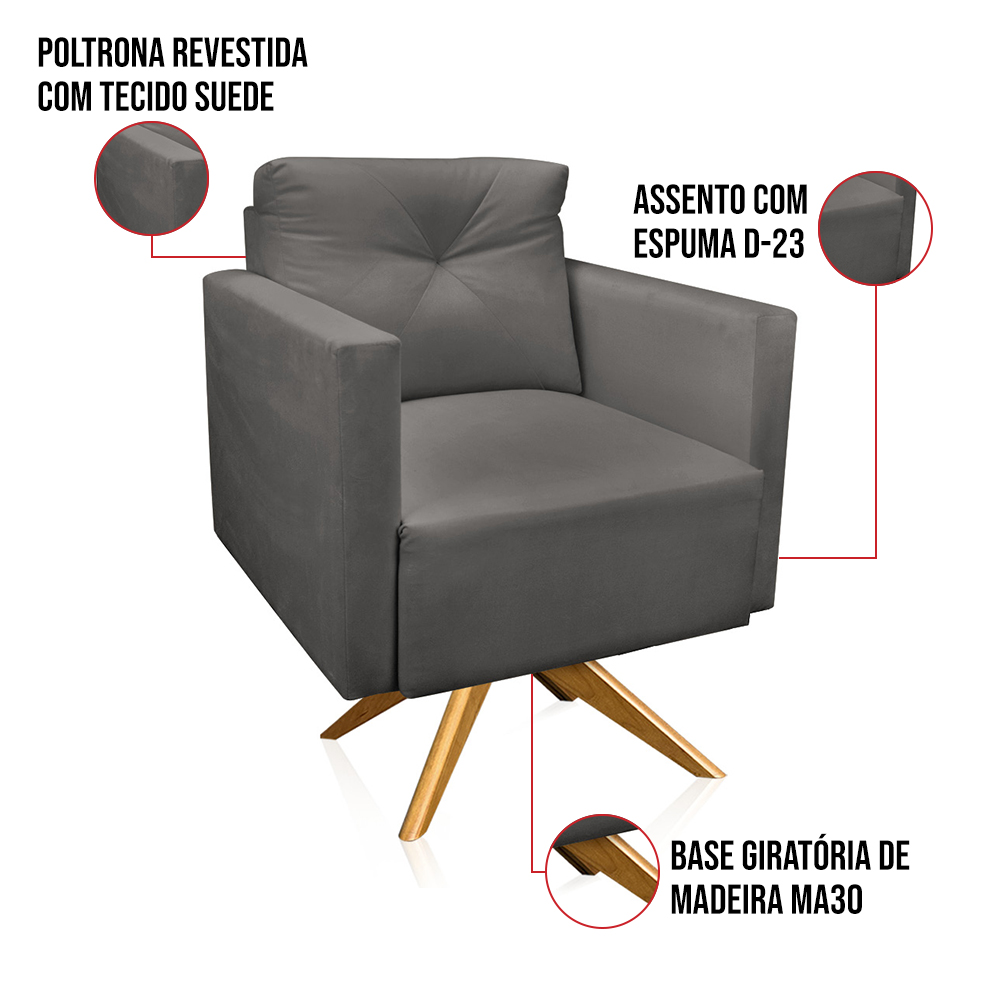 Kit 2 Poltronas Giratória Luisa Suede Grafite Base de Madeira MA30 - D'Rossi