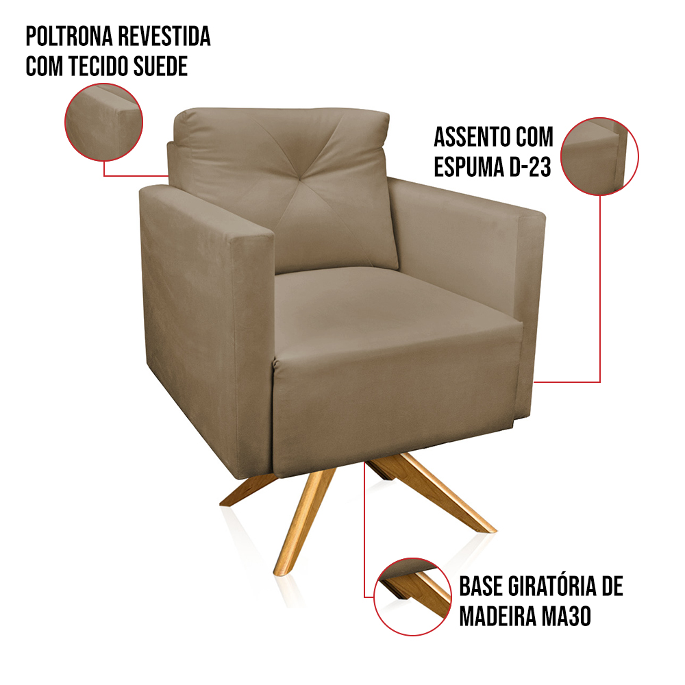 Kit 2 Poltronas Giratória Luisa Suede Marrom Rato Base de Madeira MA30 - D'Rossi
