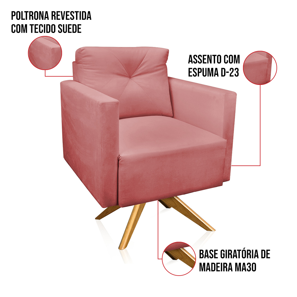 Kit 2 Poltronas Giratória Luisa Suede Rosê Base de Madeira MA30 - D'Rossi