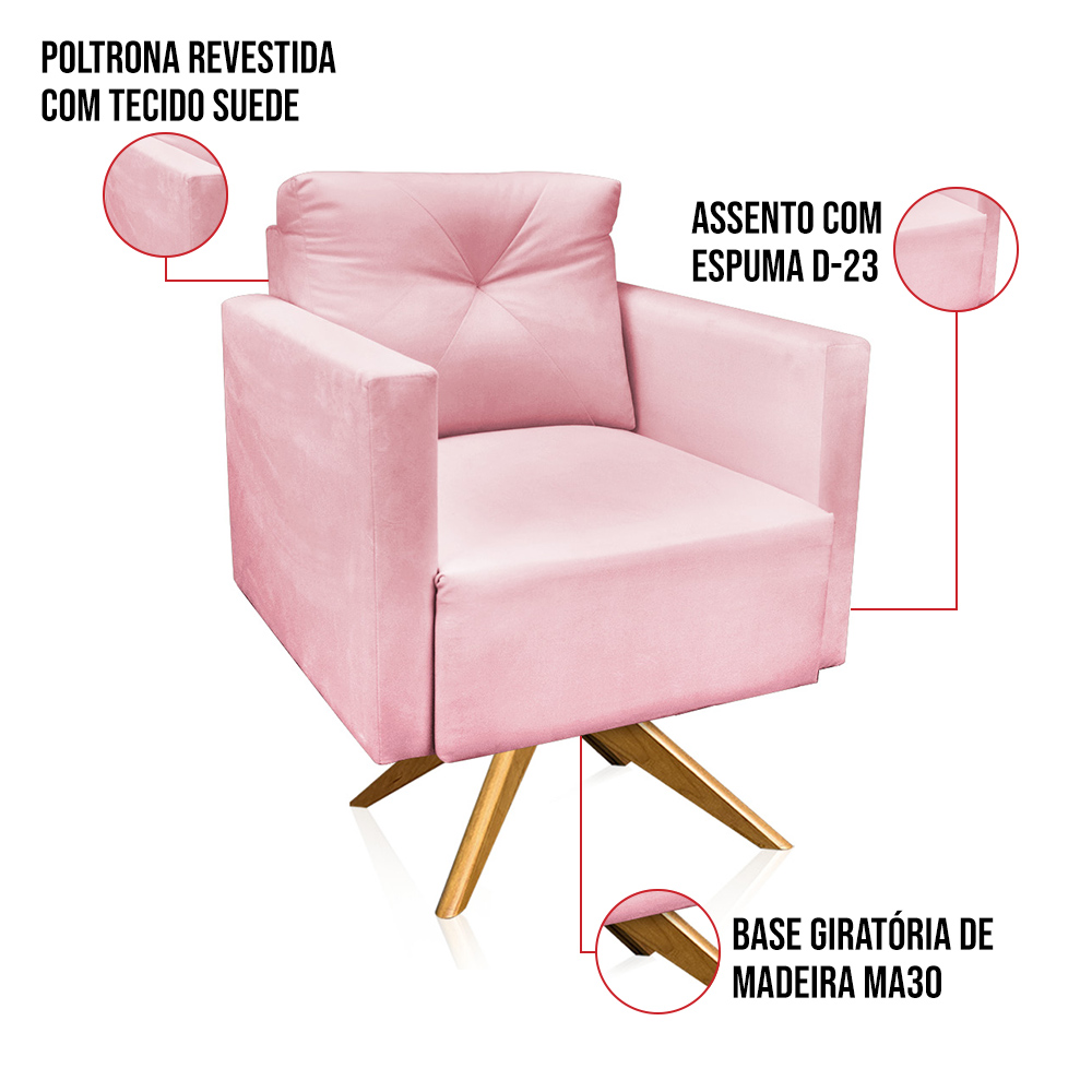 Kit 2 Poltronas Giratória Luisa Suede Rosa Bebê Base de Madeira MA30 - D'Rossi
