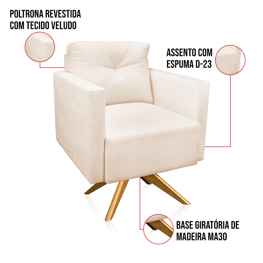 Kit 2 Poltronas Giratória Luisa Veludo Bege Base de Madeira MA30 - D'Rossi