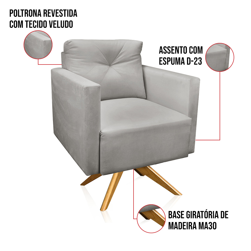 Kit 2 Poltronas Giratória Luisa Veludo Cinza Base de Madeira MA30 - D'Rossi