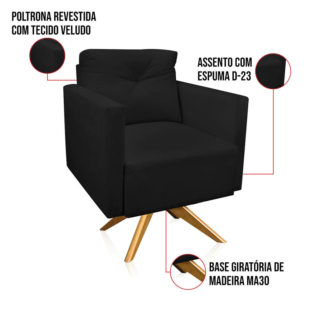 Kit 2 Poltronas Giratória Luisa Veludo Preto Base de Madeira MA30 - D'Rossi