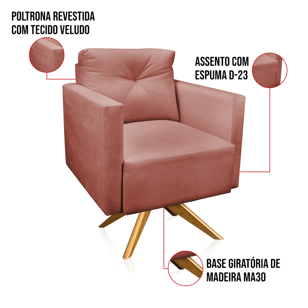 Kit 2 Poltronas Giratória Luisa Veludo Rosê Base de Madeira MA30 - D'Rossi