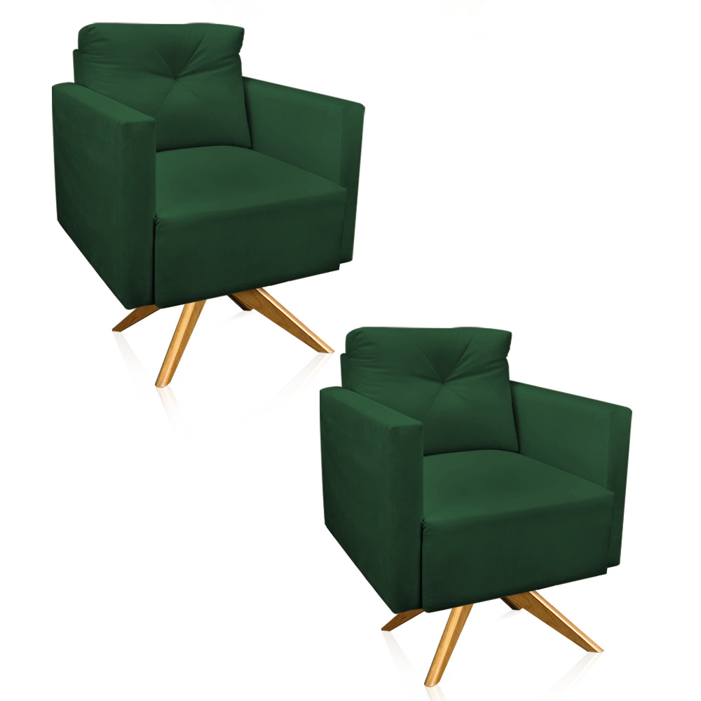 Kit 2 Poltronas Giratória Luisa Veludo Verde Base de Madeira MA30 - D'Rossi