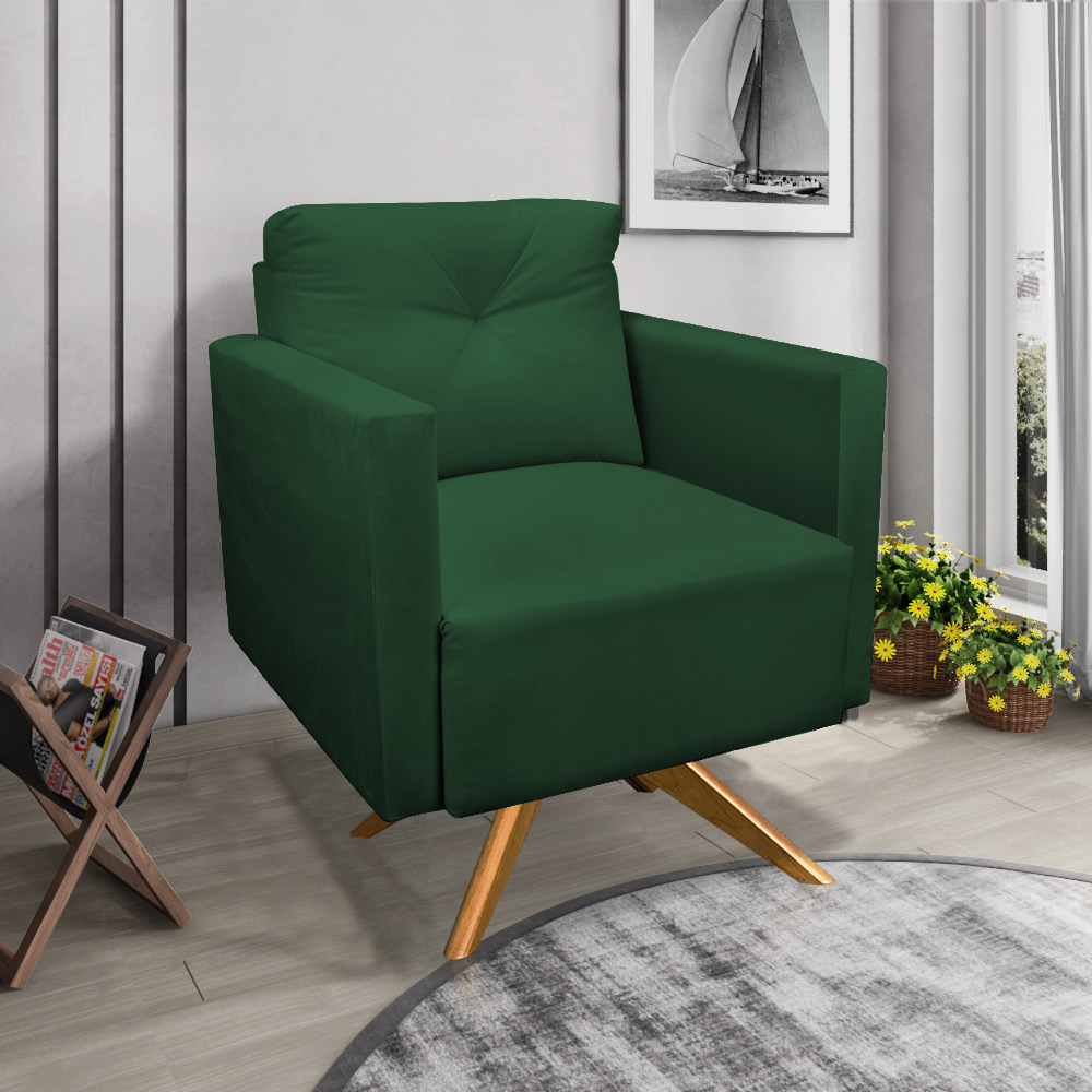 Kit 2 Poltronas Giratória Luisa Veludo Verde Base de Madeira MA30 - D'Rossi