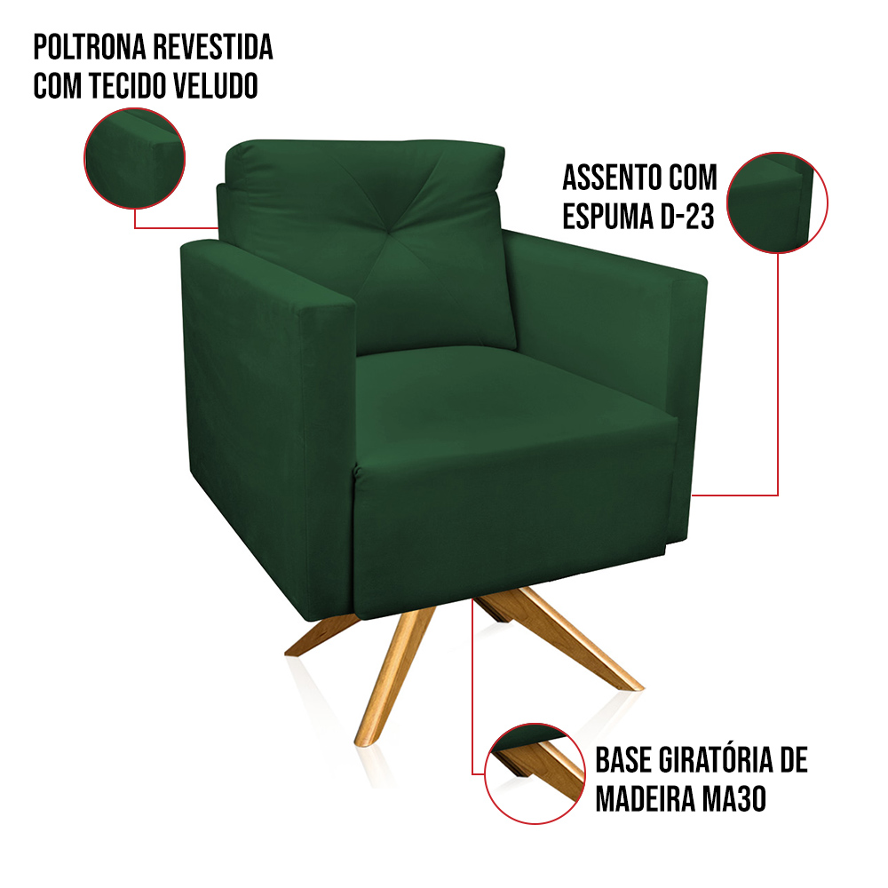 Kit 2 Poltronas Giratória Luisa Veludo Verde Base de Madeira MA30 - D'Rossi