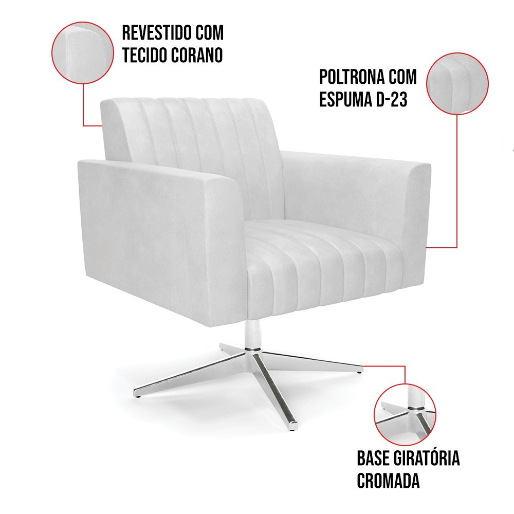 Kit 2 Poltronas Giratória Viena Gomada Corano Branco Base Cromada - D'Rossi