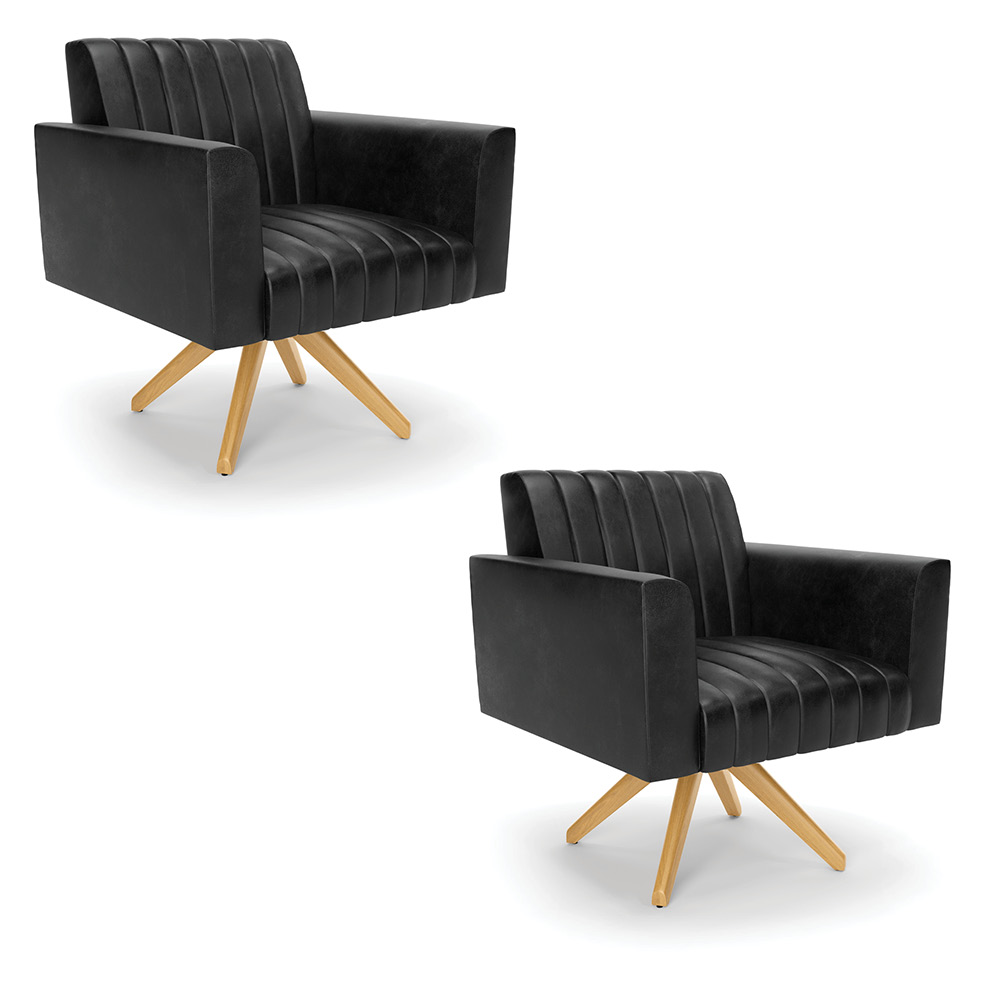 Kit 2 Poltronas Giratória Viena Gomada Corano Preto Base de Madeira MA30 - D'Rossi