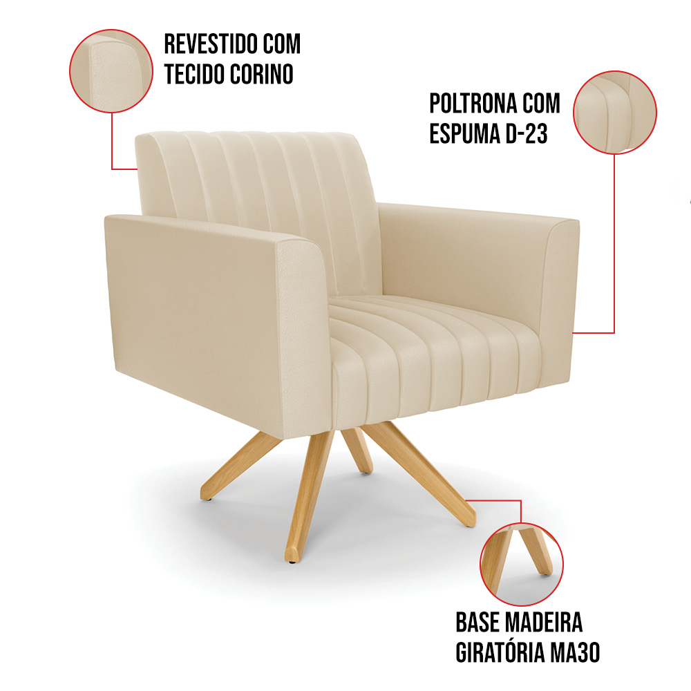 Kit 2 Poltronas Giratória Viena Gomada Corino Base de Madeira MA30 - D'Rossi