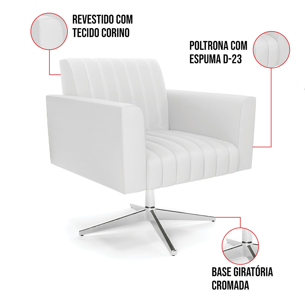 Kit 2 Poltronas Giratória Viena Gomada Corino Branco Base Cromada - D'Rossi