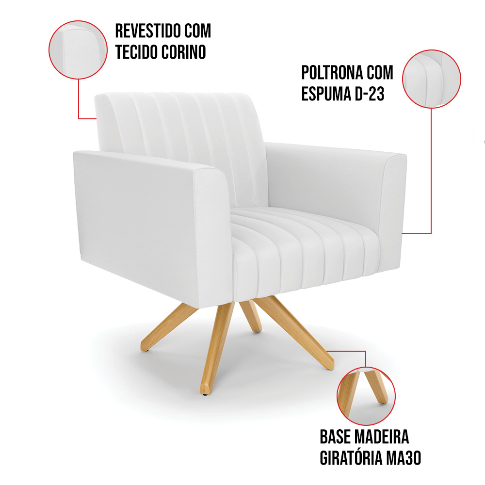 Kit 2 Poltronas Giratória Viena Gomada Corino Branco Base de Madeira MA30 - D'Rossi