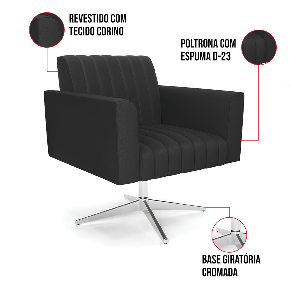 Kit 2 Poltronas Giratória Viena Gomada Corino Preto Base Cromada - D'Rossi